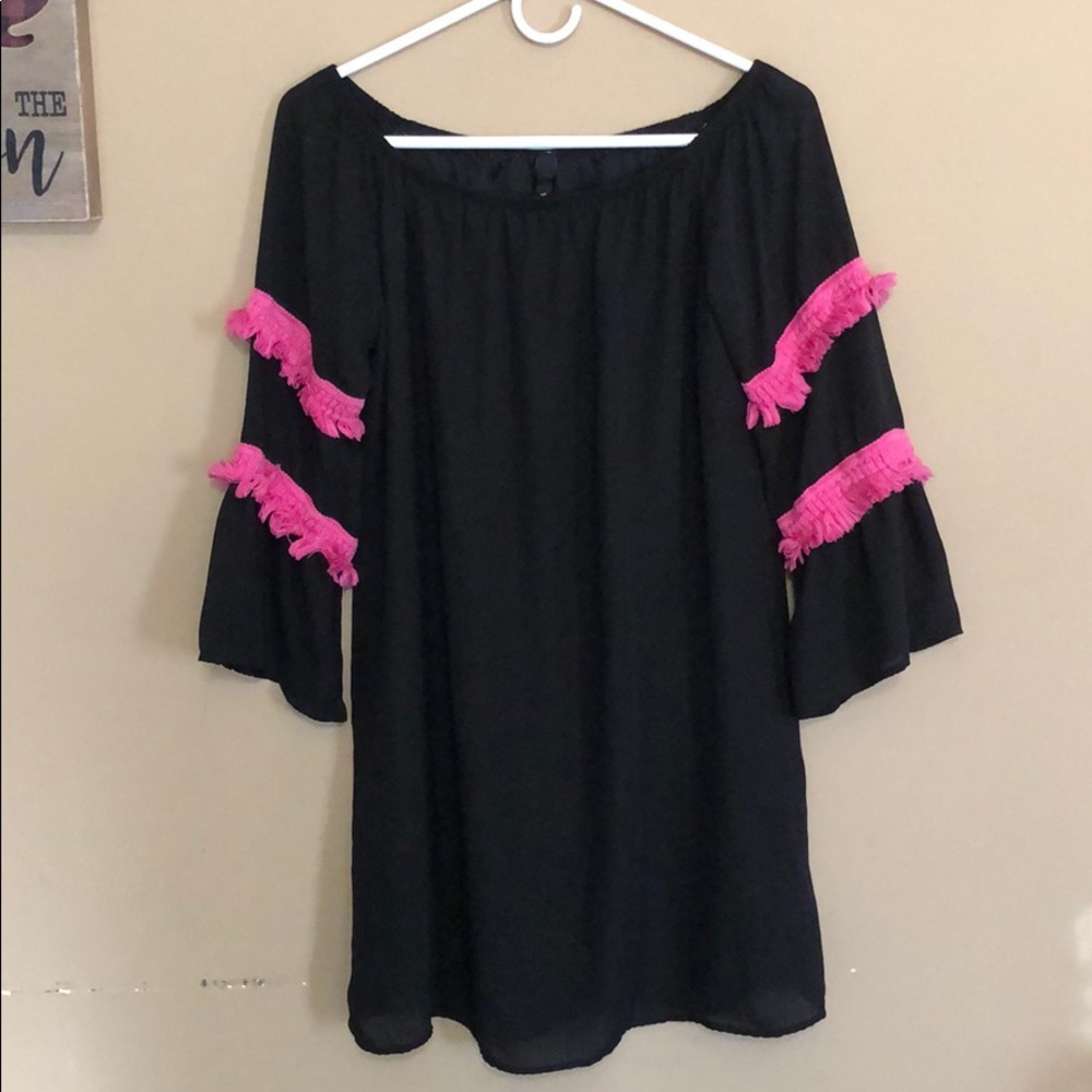 Yahada Black Off The Shoulder Top Pink Fringe Sz S
